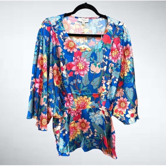 Size 1XL Umgee Satin Floral Print Kimono Sleeve Peplum Top in Blue - Picture 1 of 6